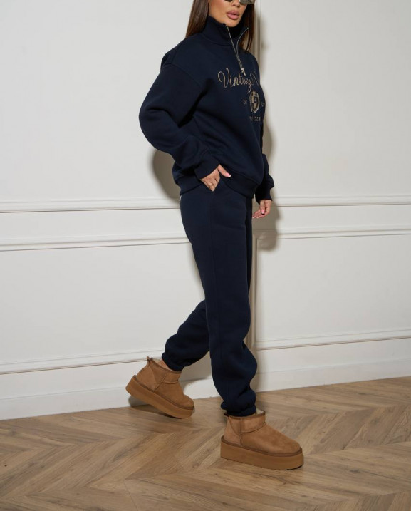 60/1 спортивний костюм на флісі з вишивкою кофта з блискавкою з коротким комірцем і штанами на резинці